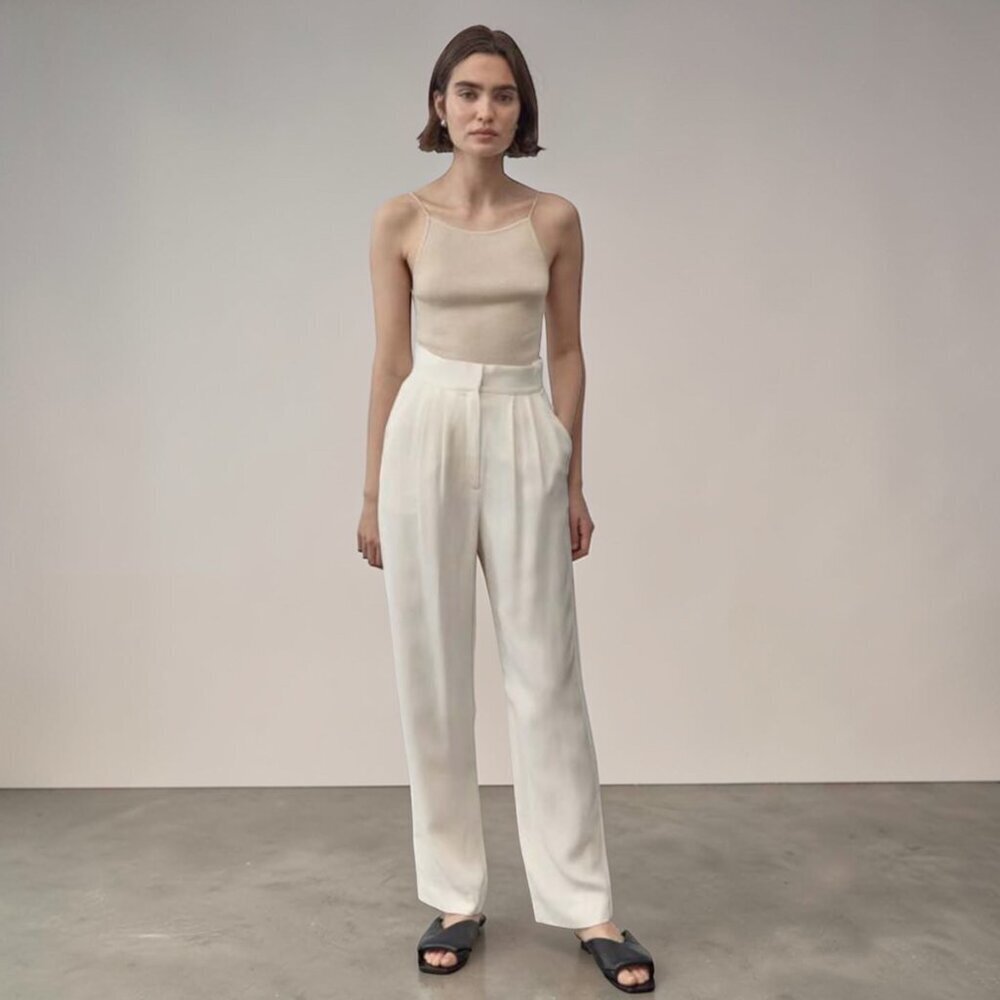 St. Agni Ivory Pleated Trousers High Waist Tailored Straight Leg Size 1 US S